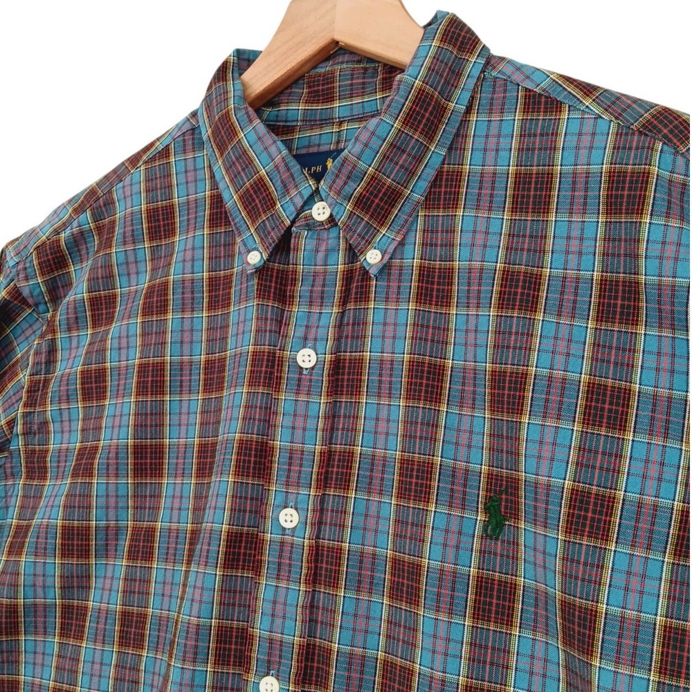 Ralph Lauren Shirt Mens XL Blue Red Plaid Cotton Long Sleeve Classic Fit Preppy